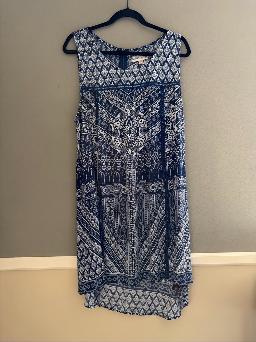 Knox Rose Shift Dress Midi Dress Navy White Boho Print Sleeveless High Low Hem